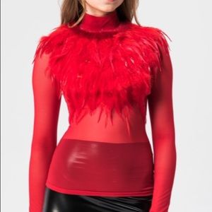 Red Feathered mesh blouse